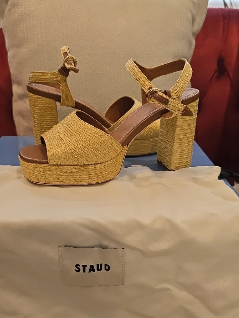 STAUD Yellow Raffia Platform Sandals with Ankle Strap - Picture 2 of 5